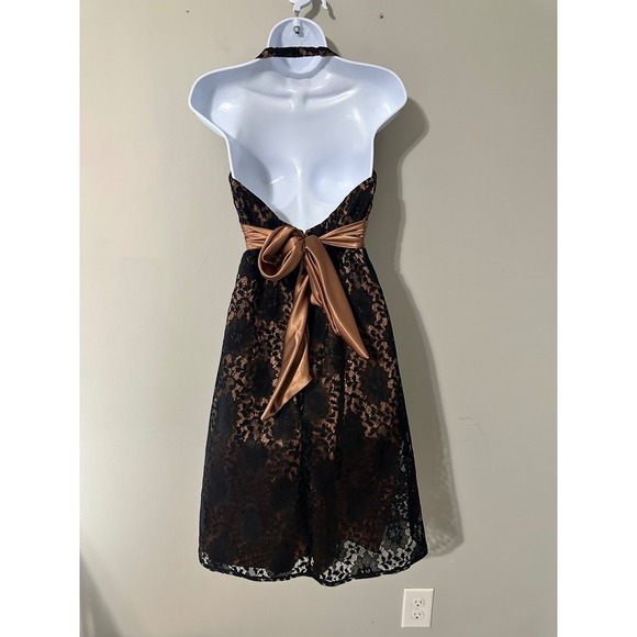 Bari Jay Black Bronze Lace Halter Neck Sheath Dress Size 8 Bow‎ Tie Back - Picture 6 of 8